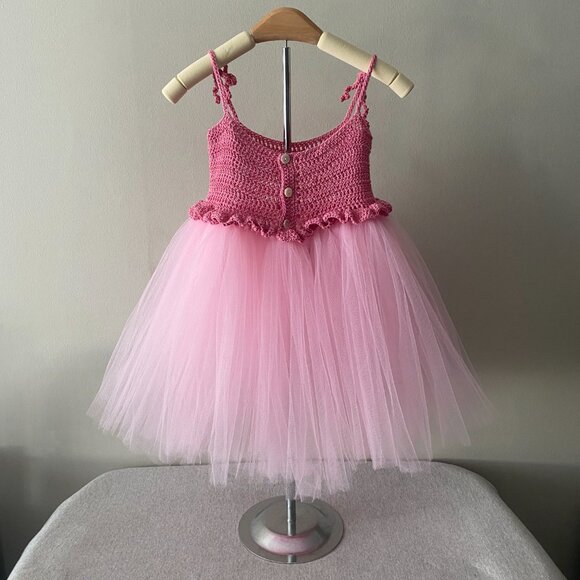 Handmade Children's Cotton Dark Pink Light Pink Tulle Tutu Dress - Picture 2 of 14